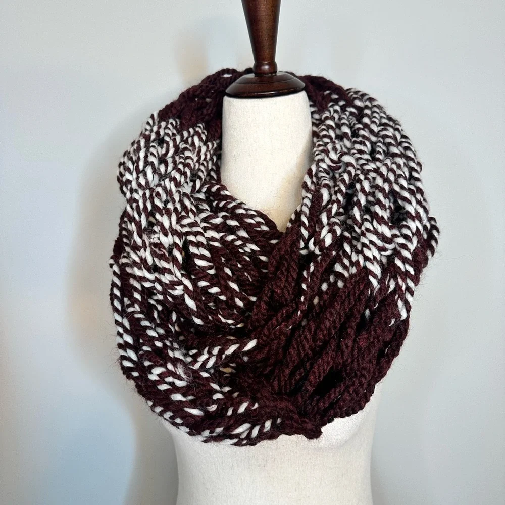 Burgundy and White woven infinity scarf